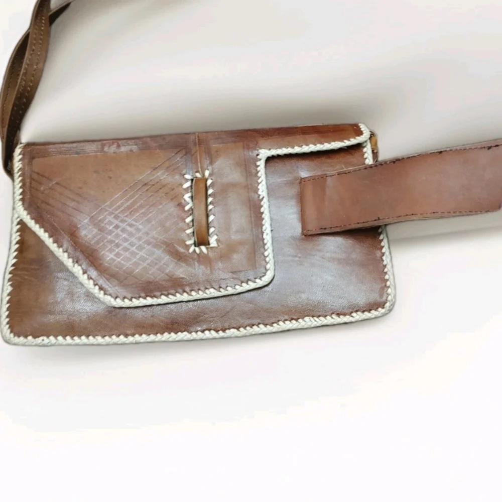 70's Handmade Leather Patchwork Clutch African Moroccan? Flap Closure X Body
